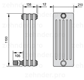 Схема (чертеж) Радиатор Zehnder Charleston 6110/3 №V003 Белый глянцевый RAL 9016